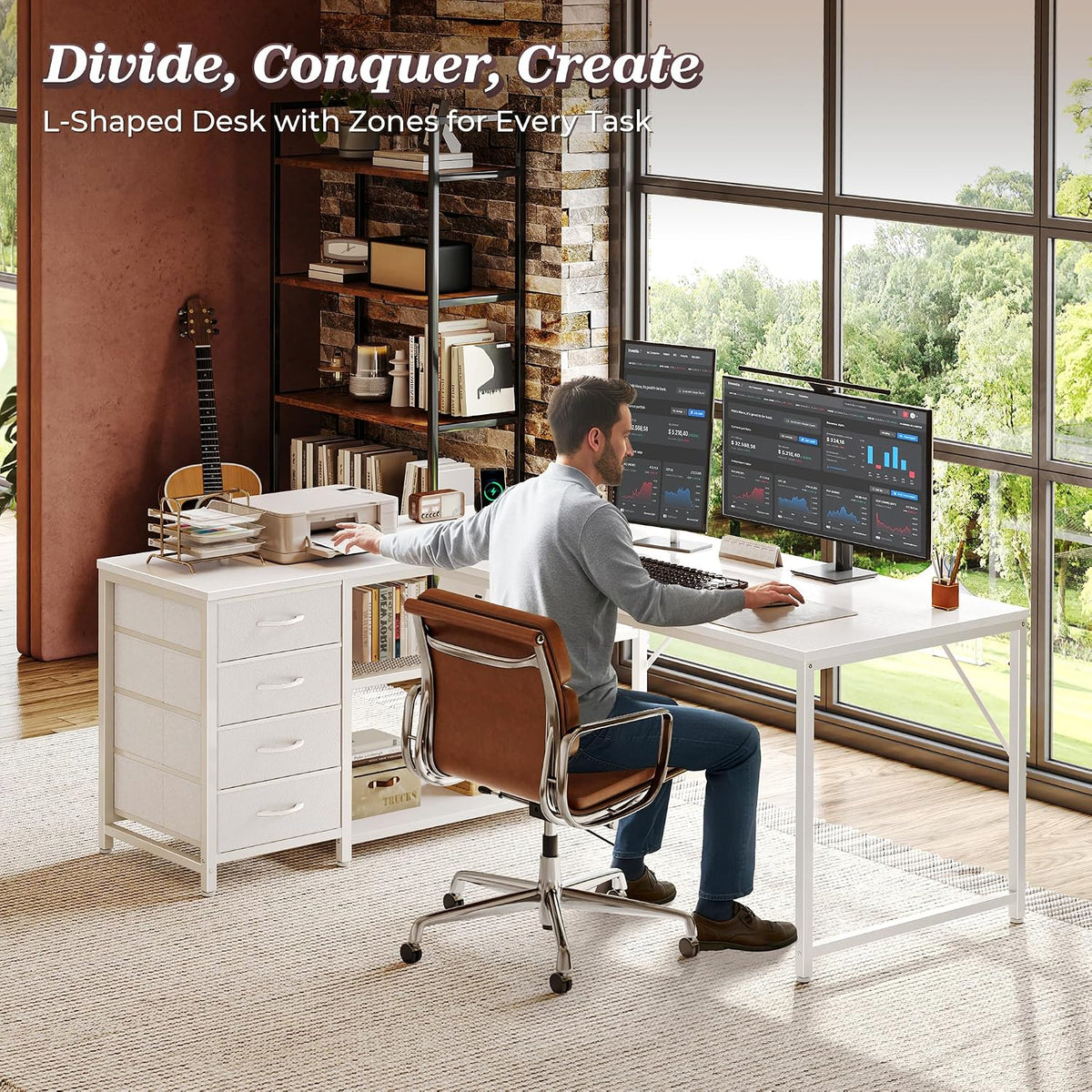 61" L Shaped Desk with Power Outlets & 4 Drawers