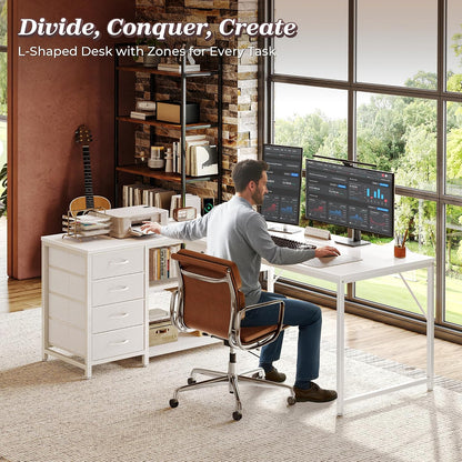61" L Shaped Desk with Power Outlets & 4 Drawers
