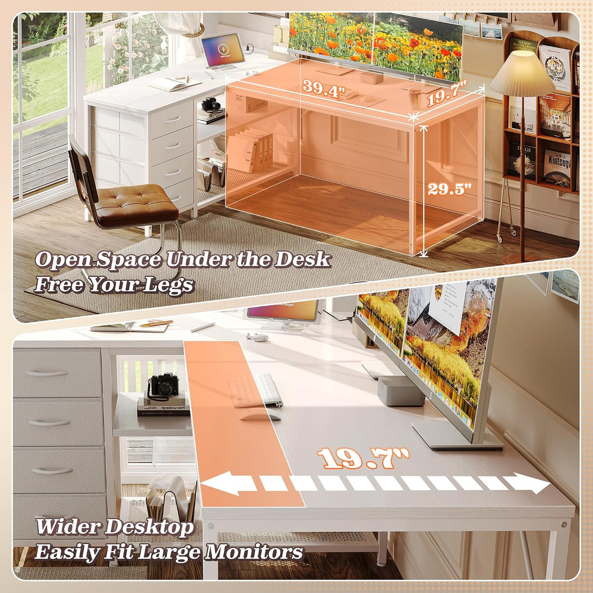61" L Shaped Desk with Power Outlets & 4 Drawers
