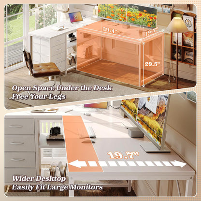 61" L Shaped Desk with Power Outlets & 4 Drawers