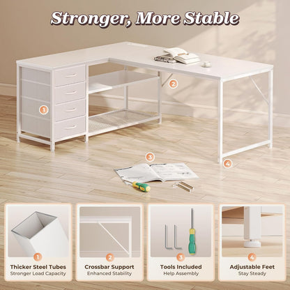 61" L Shaped Desk with Power Outlets & 4 Drawers