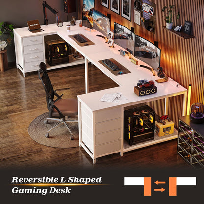 61" L Shaped Desk with Power Outlets & 4 Drawers