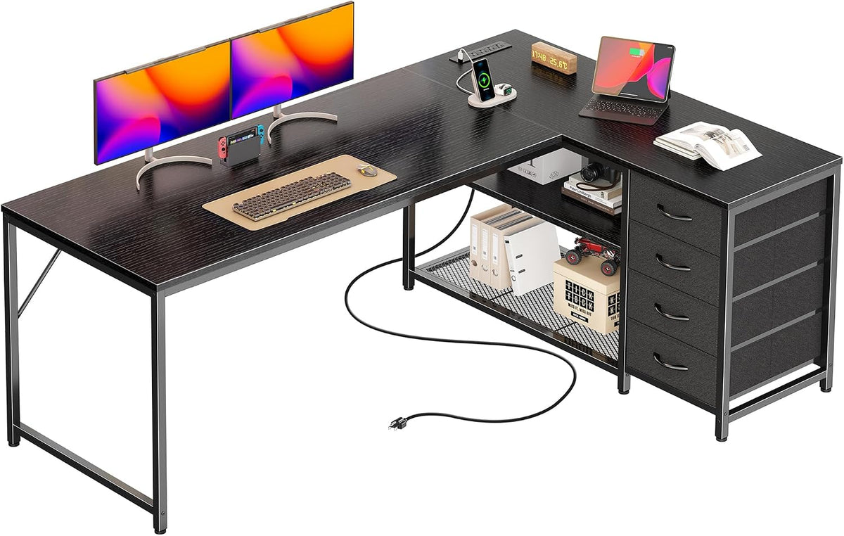 61" L Shaped Desk with Power Outlets & 4 Drawers