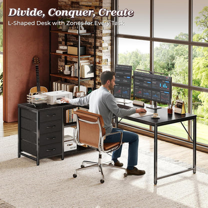 61" L Shaped Desk with Power Outlets & 4 Drawers