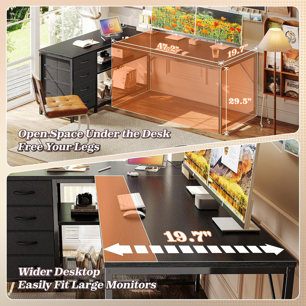 61" L Shaped Desk with Power Outlets & 4 Drawers