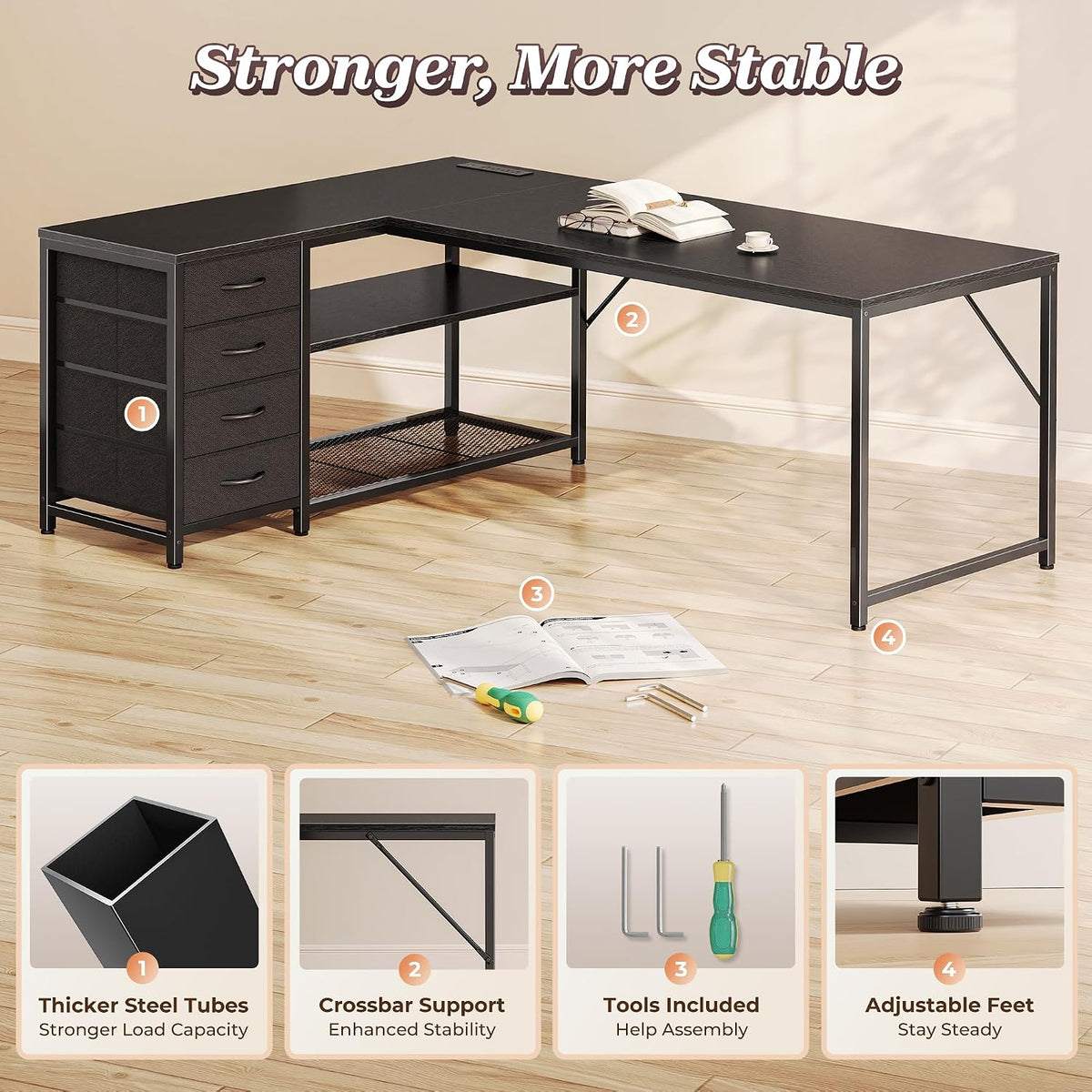 61" L Shaped Desk with Power Outlets & 4 Drawers