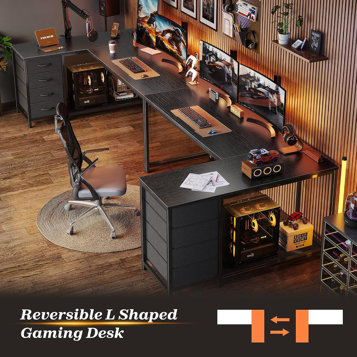 61" L Shaped Desk with Power Outlets & 4 Drawers