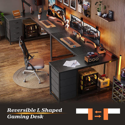 61" L Shaped Desk with Power Outlets & 4 Drawers
