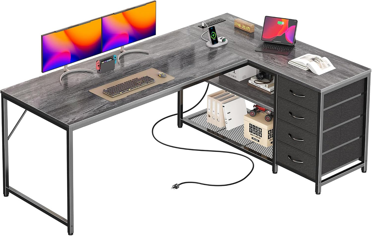 61" L Shaped Desk with Power Outlets & 4 Drawers