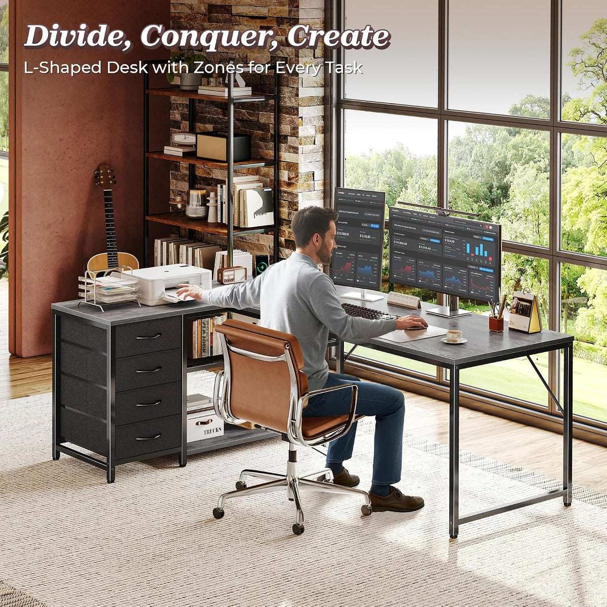 61" L Shaped Desk with Power Outlets & 4 Drawers