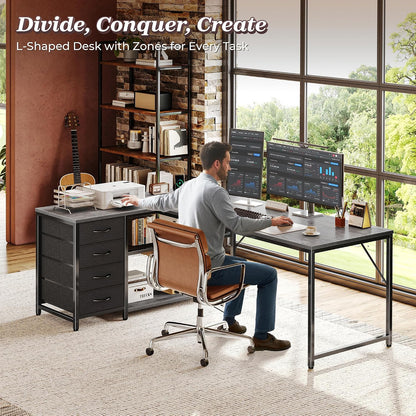 61" L Shaped Desk with Power Outlets & 4 Drawers