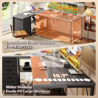 61" L Shaped Desk with Power Outlets & 4 Drawers