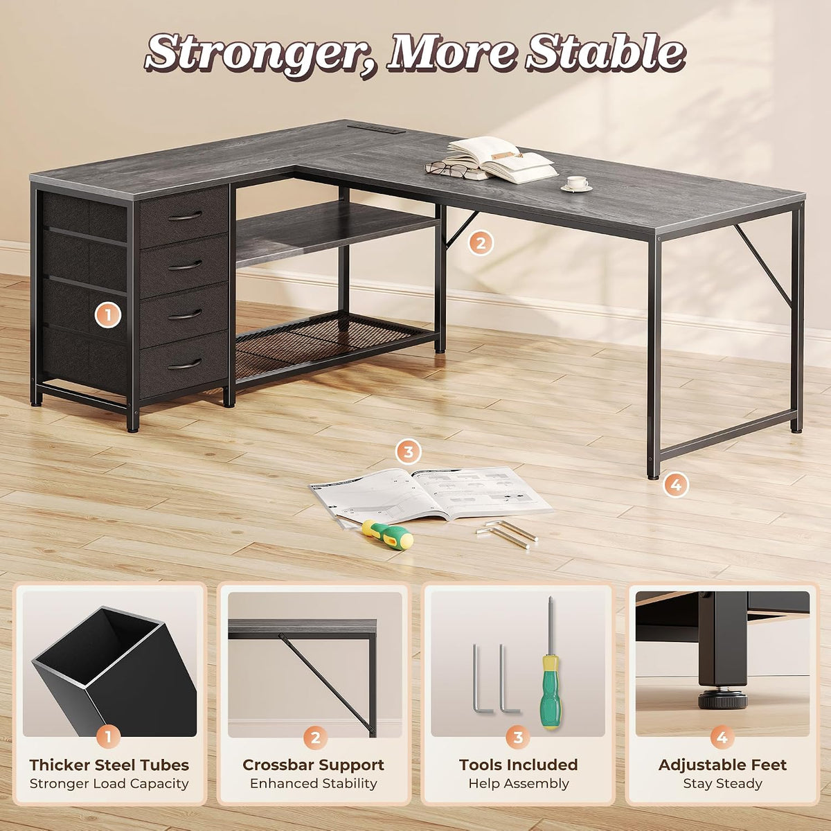 61" L Shaped Desk with Power Outlets & 4 Drawers