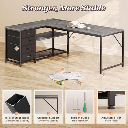 61" L Shaped Desk with Power Outlets & 4 Drawers