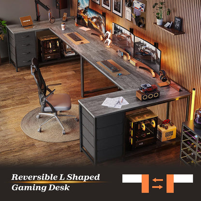 61" L Shaped Desk with Power Outlets & 4 Drawers