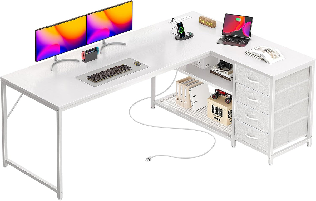 61" L Shaped Desk with Power Outlets & 4 Drawers