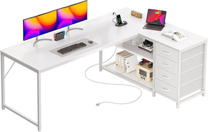 61" L Shaped Desk with Power Outlets & 4 Drawers
