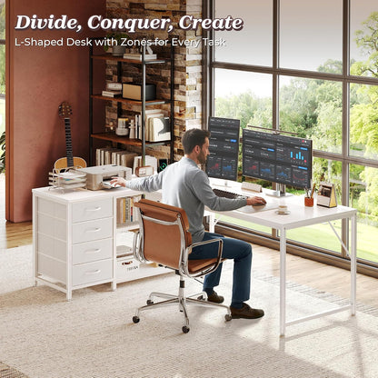 61" L Shaped Desk with Power Outlets & 4 Drawers