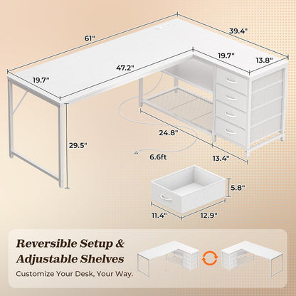 61" L Shaped Desk with Power Outlets & 4 Drawers