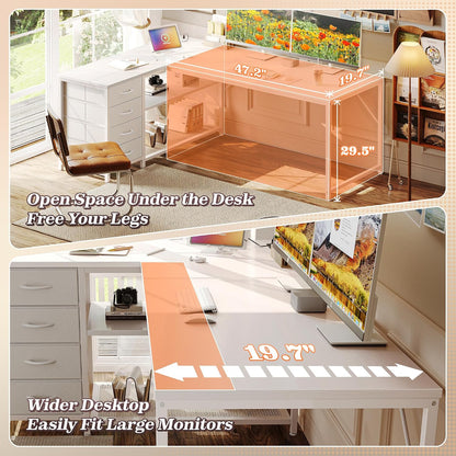 61" L Shaped Desk with Power Outlets & 4 Drawers