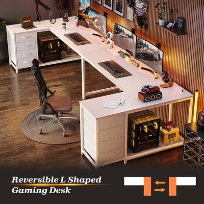 61" L Shaped Desk with Power Outlets & 4 Drawers