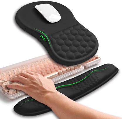 2in1 Combination, Wave Keyboard Wrist Rest and Ergonomic Curvature Mouse Pad Wrist Support for Relieve Wrist Pain, Filled with Soft Cushion Memory Foam, Black