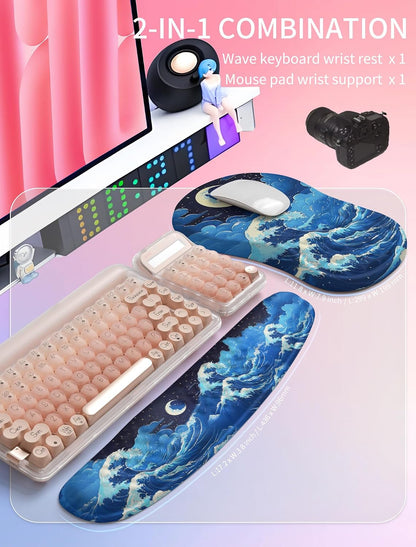 2in1 Combination, Wave Keyboard Wrist Rest and Ergonomic Curvature Mouse Pad Wrist Support for Relieve Wrist Pain, Filled with Soft Cushion Memory Foam, Black