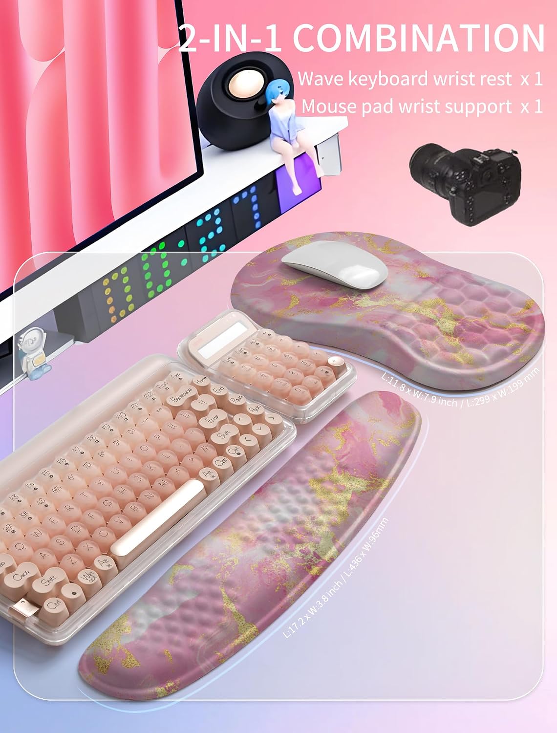 2in1 Combination, Wave Keyboard Wrist Rest and Ergonomic Curvature Mouse Pad Wrist Support for Relieve Wrist Pain, Filled with Soft Cushion Memory Foam, Black