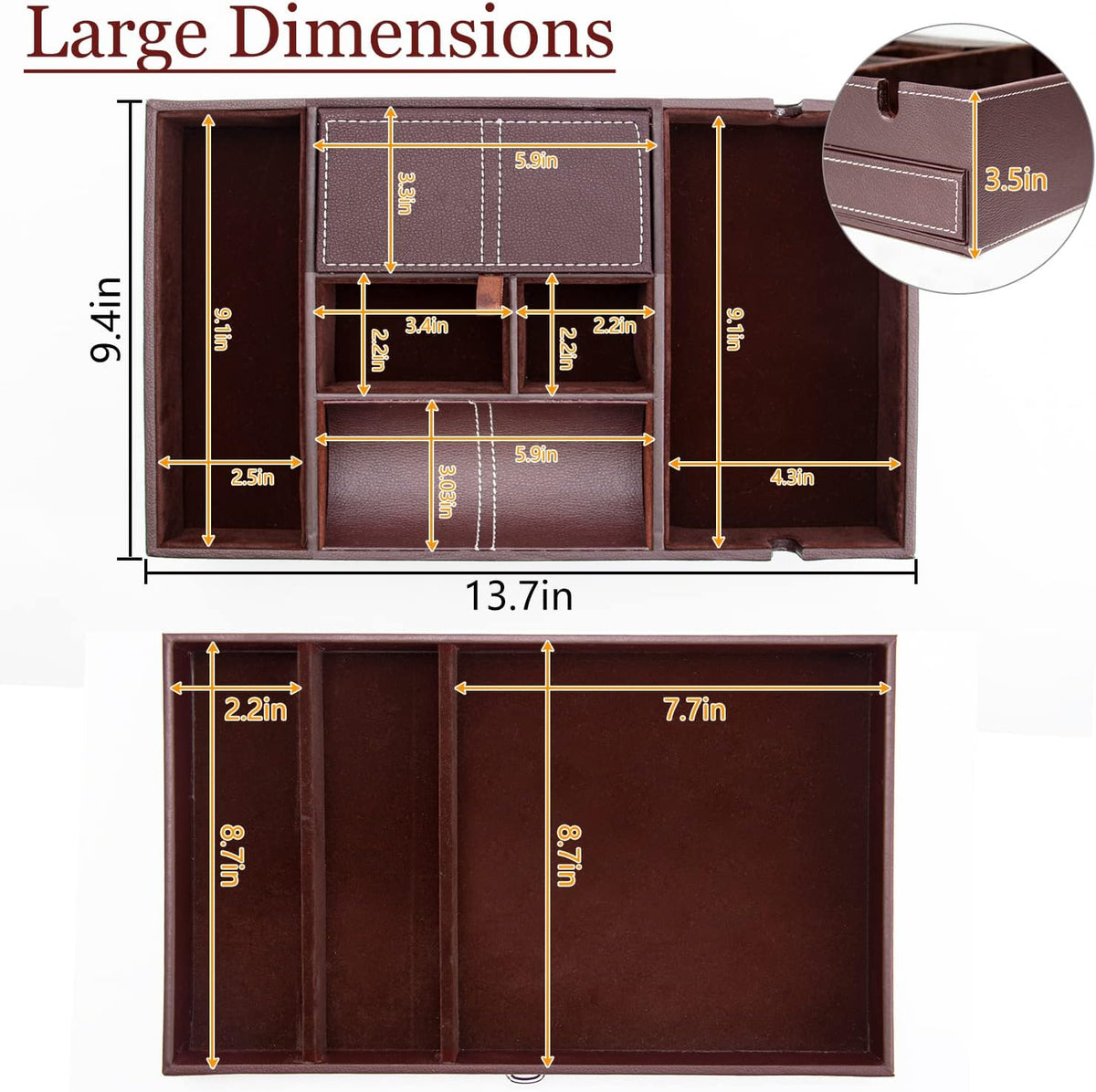 Baoyun Valet Tray for Men, 2 Layers Nightstand Organizers for Men and Women, Leather Jewelry Storage Box, Mens Dresser Top Organizer, Catch All for Jewelry Key Wallet and Phone (Brown)
