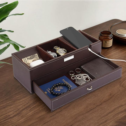 Baoyun Valet Tray for Men, 2 Layers Nightstand Organizers for Men and Women, Leather Jewelry Storage Box, Mens Dresser Top Organizer, Catch All for Jewelry Key Wallet and Phone (Brown)