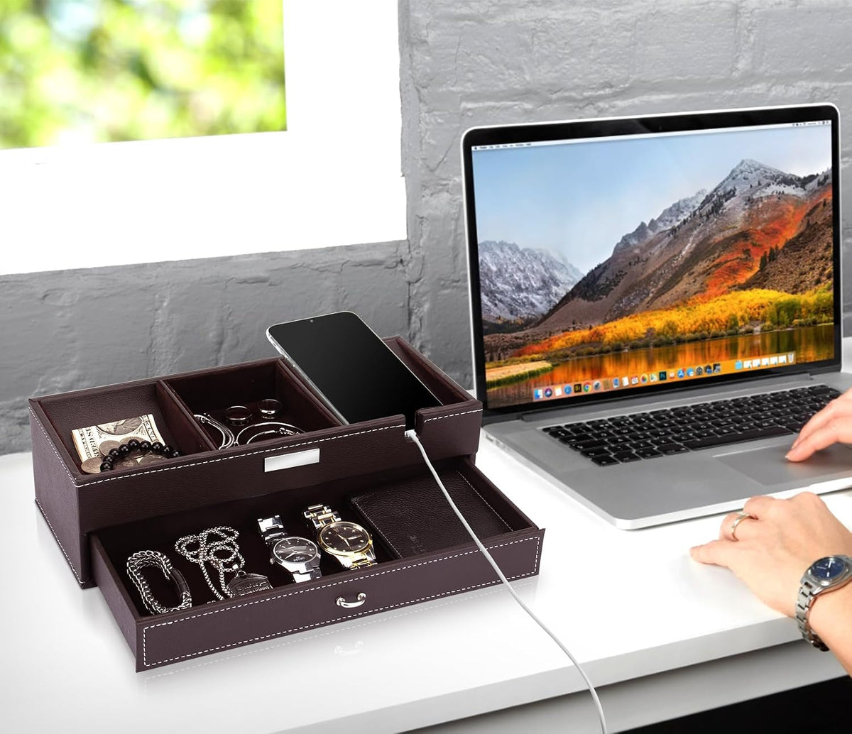 Baoyun Valet Tray for Men, 2 Layers Nightstand Organizers for Men and Women, Leather Jewelry Storage Box, Mens Dresser Top Organizer, Catch All for Jewelry Key Wallet and Phone (Brown)