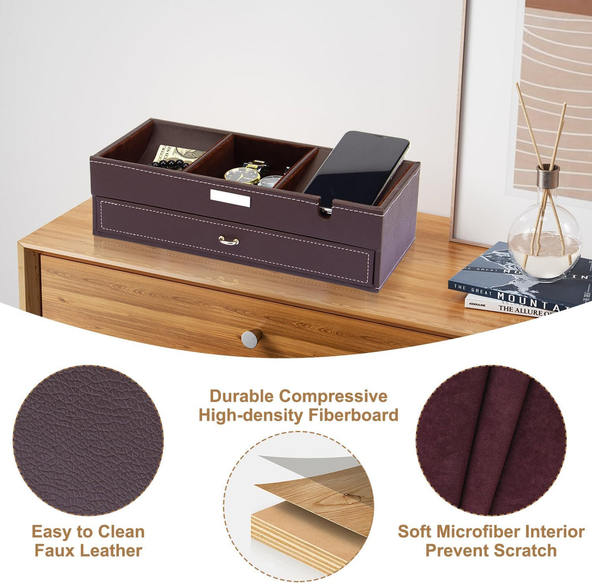 Baoyun Valet Tray for Men, 2 Layers Nightstand Organizers for Men and Women, Leather Jewelry Storage Box, Mens Dresser Top Organizer, Catch All for Jewelry Key Wallet and Phone (Brown)