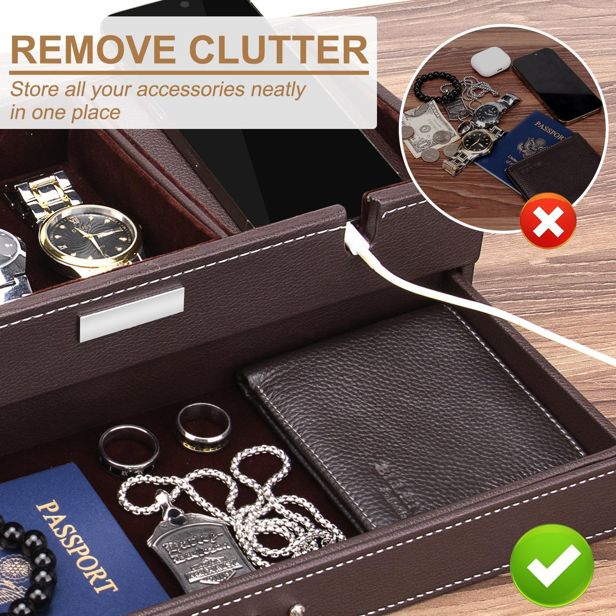 Baoyun Valet Tray for Men, 2 Layers Nightstand Organizers for Men and Women, Leather Jewelry Storage Box, Mens Dresser Top Organizer, Catch All for Jewelry Key Wallet and Phone (Brown)