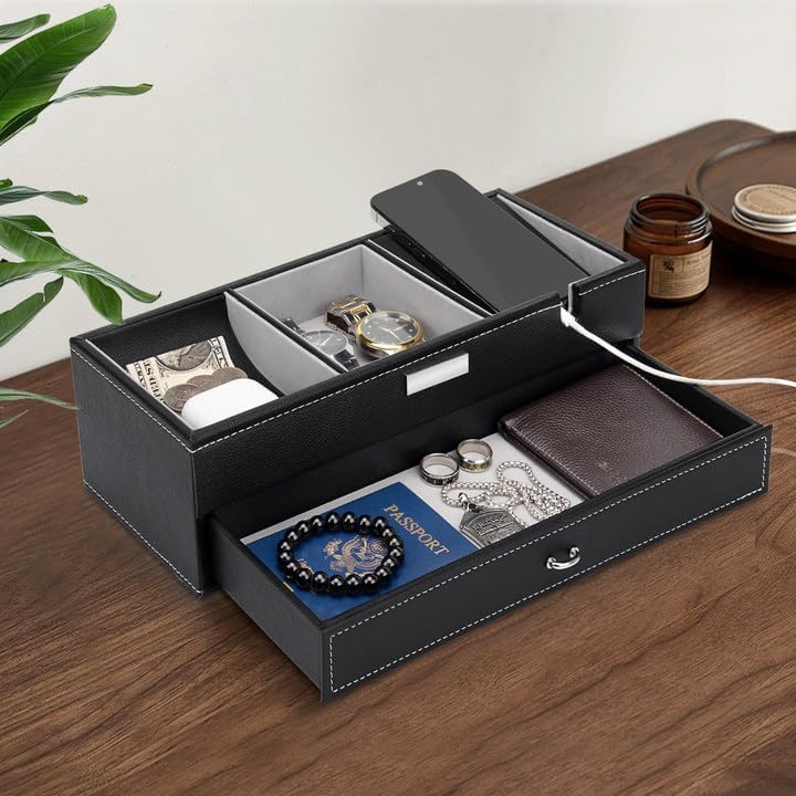 Baoyun Valet Tray for Men, 2 Layers Nightstand Organizers for Men and Women, Leather Jewelry Storage Box, Mens Dresser Top Organizer, Catch All for Jewelry Key Wallet and Phone (Brown)