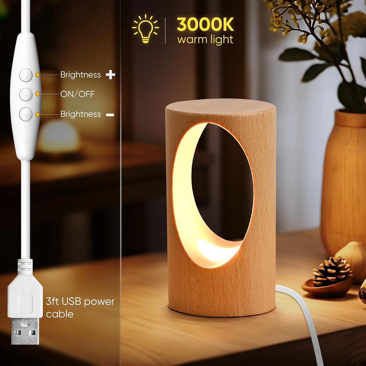 LED Wooden Desk Lamp, Dimmable Bedside Night Light for Bedroom, Creative Home Décor Table Lamp, Warm Ambient Lighting, Unique Housewarming Gift