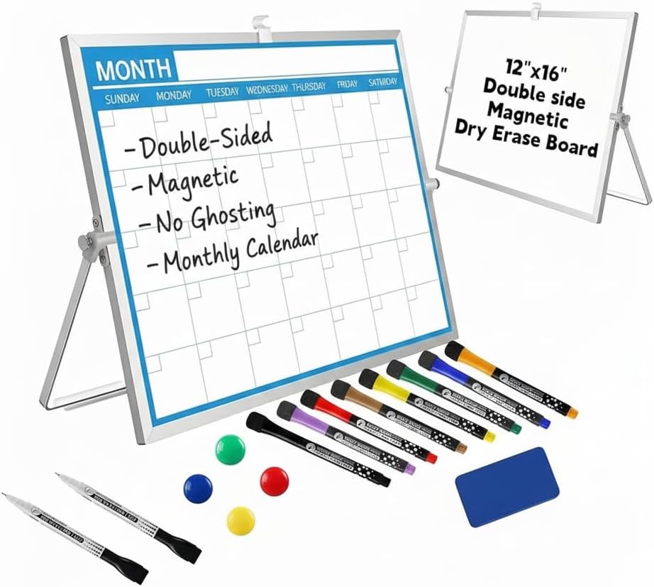 Magnetic Desktop Whiteboard with Calendar, 12x16 Inch, Double Sided