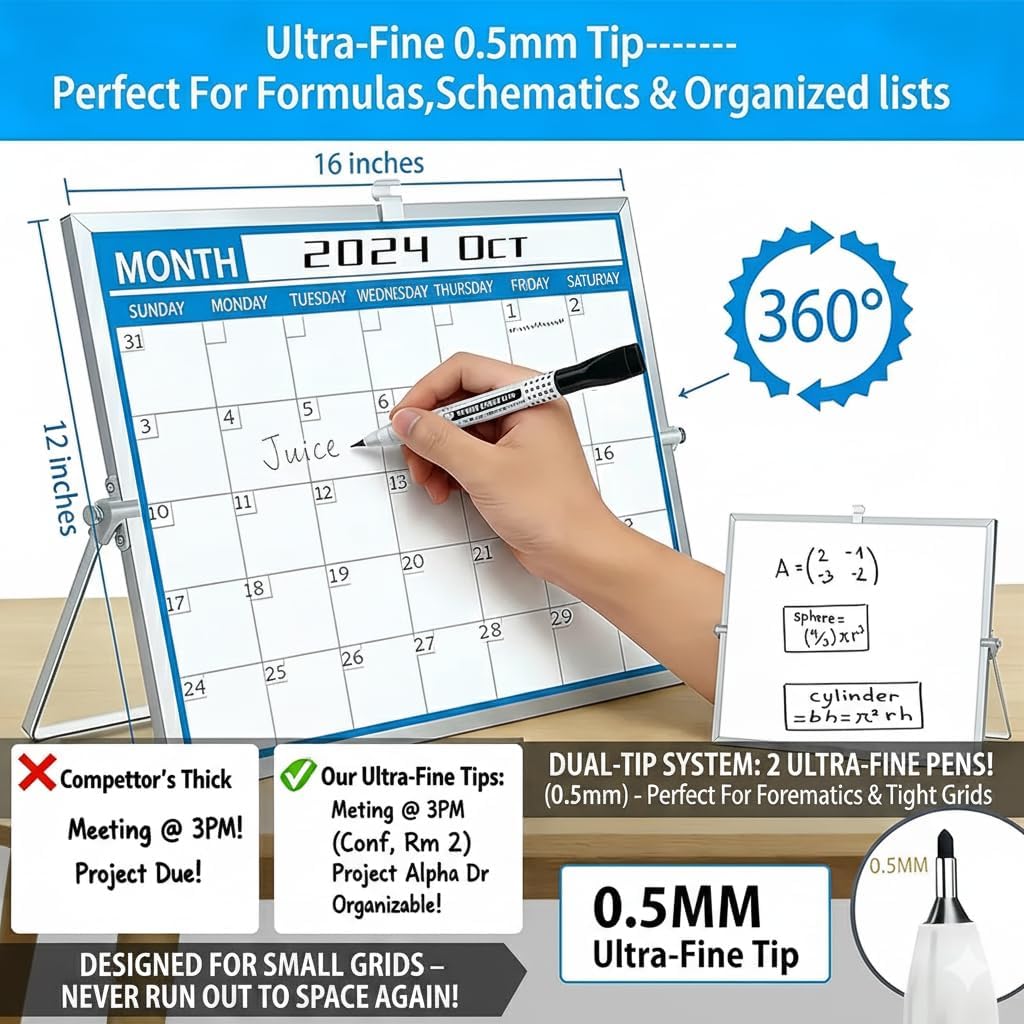 Magnetic Desktop Whiteboard with Calendar, 12x16 Inch, Double Sided