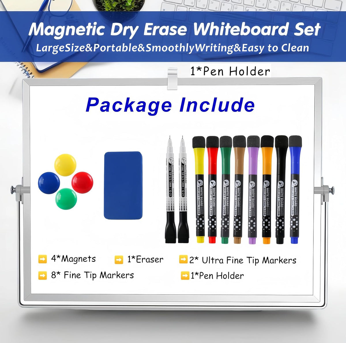 Magnetic Desktop Whiteboard with Calendar, 12x16 Inch, Double Sided