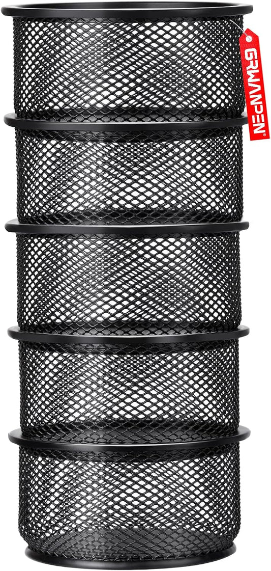 ®5-Pack Stackable Mesh Desk Organizer Bins - Durable Storage Containers for Paper Clips, Rubber Bands, and Office Supplies, Black