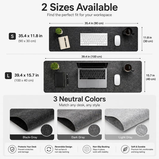 Premium Reversible Felt Desk Mat | Computer Pad for Keyboard & Mouse | Office & Home Workspace Protector (Black Gray, 36Inx12In)