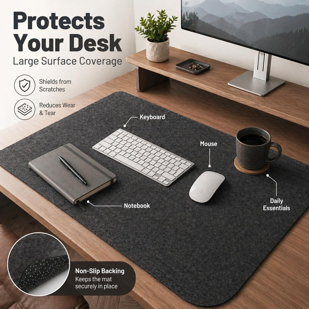 Premium Reversible Felt Desk Mat | Computer Pad for Keyboard & Mouse | Office & Home Workspace Protector (Black Gray, 36Inx12In)