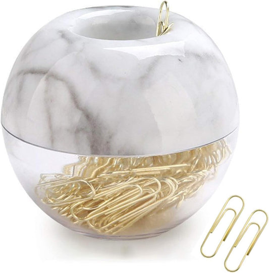 Magnetic Paper Clip Holder, Marble White holder with Gold PaperClips 100pcs 28mm(1.1") Cute Office Supplies for Desk Organizer