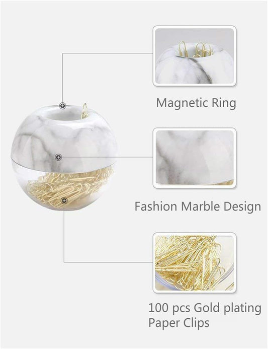 Magnetic Paper Clip Holder, Marble White holder with Gold PaperClips 100pcs 28mm(1.1") Cute Office Supplies for Desk Organizer