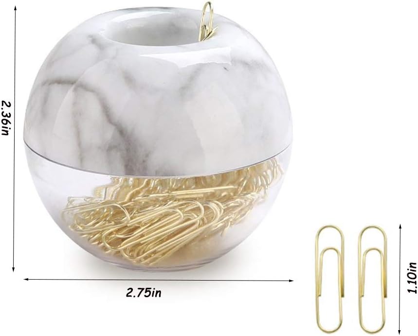 Magnetic Paper Clip Holder, Marble White holder with Gold PaperClips 100pcs 28mm(1.1") Cute Office Supplies for Desk Organizer