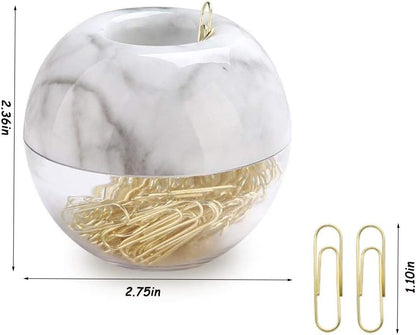 Magnetic Paper Clip Holder, Marble White holder with Gold PaperClips 100pcs 28mm(1.1") Cute Office Supplies for Desk Organizer
