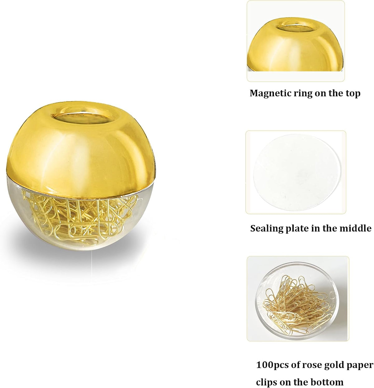Magnetic Paper Clip Holder, Marble White holder with Gold PaperClips 100pcs 28mm(1.1") Cute Office Supplies for Desk Organizer