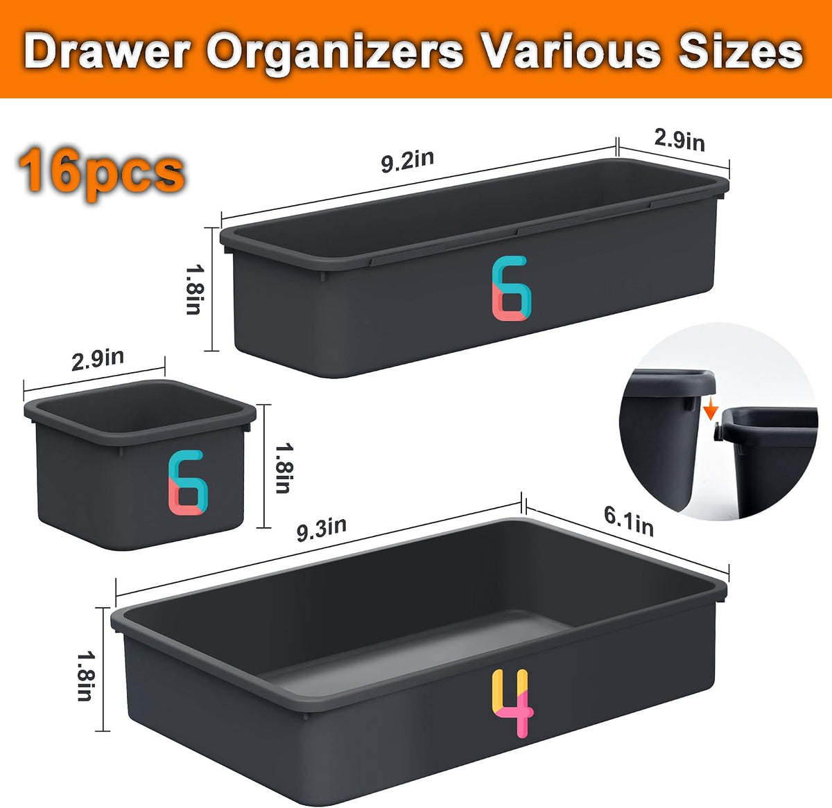 Desk Drawer Organizer Tray Set, 16PCS Plastic Drawer Organizer Bins for Office, Makeup, Kitchen - Gray Blue Desk Organizer with Flexible Interlocking Design for Efficient (Gray Blue, 16PCS)