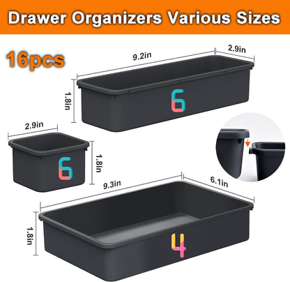 Desk Drawer Organizer Tray Set, 16PCS Plastic Drawer Organizer Bins for Office, Makeup, Kitchen - Gray Blue Desk Organizer with Flexible Interlocking Design for Efficient (Gray Blue, 16PCS)