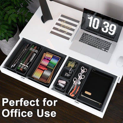 Desk Drawer Organizer Tray Set, 16PCS Plastic Drawer Organizer Bins for Office, Makeup, Kitchen - Gray Blue Desk Organizer with Flexible Interlocking Design for Efficient (Gray Blue, 16PCS)