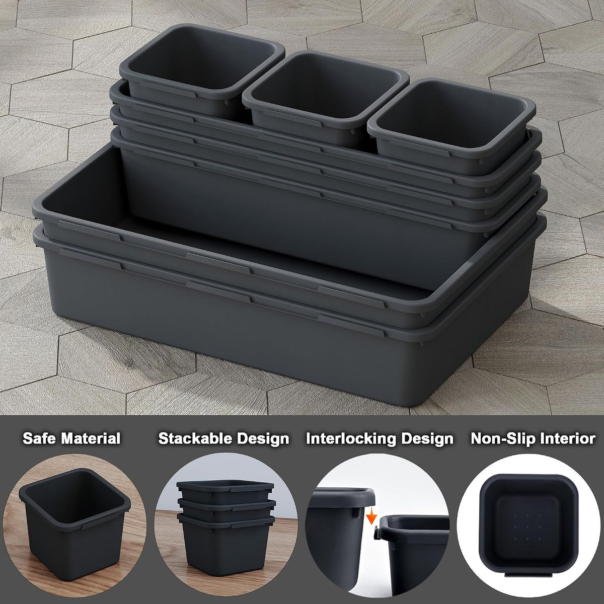 Desk Drawer Organizer Tray Set, 16PCS Plastic Drawer Organizer Bins for Office, Makeup, Kitchen - Gray Blue Desk Organizer with Flexible Interlocking Design for Efficient (Gray Blue, 16PCS)